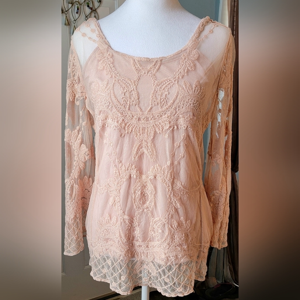 Saint Tropez West 2 Pc. Embroridered Mesh Blouse & Tank Womens S Tan Boho Sheer